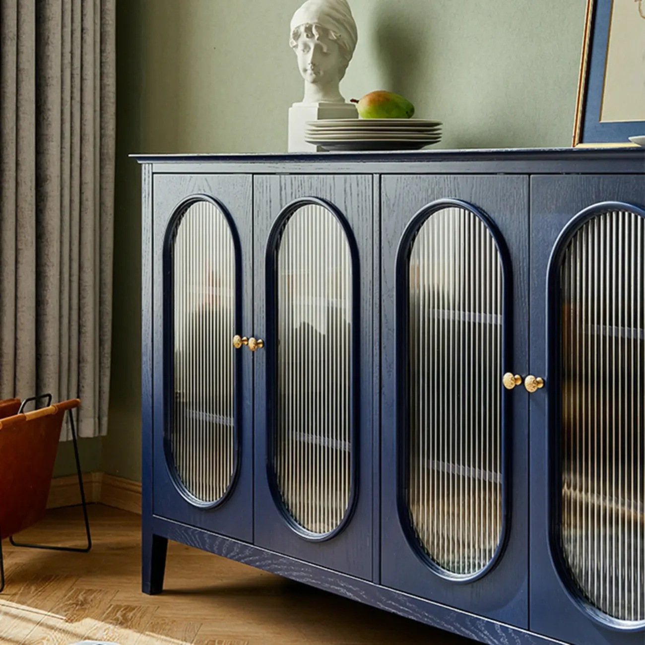 Scandinavian Oak Wooden Oval Fluted Glass Utility Cabinet Image - 11 | homeyfad