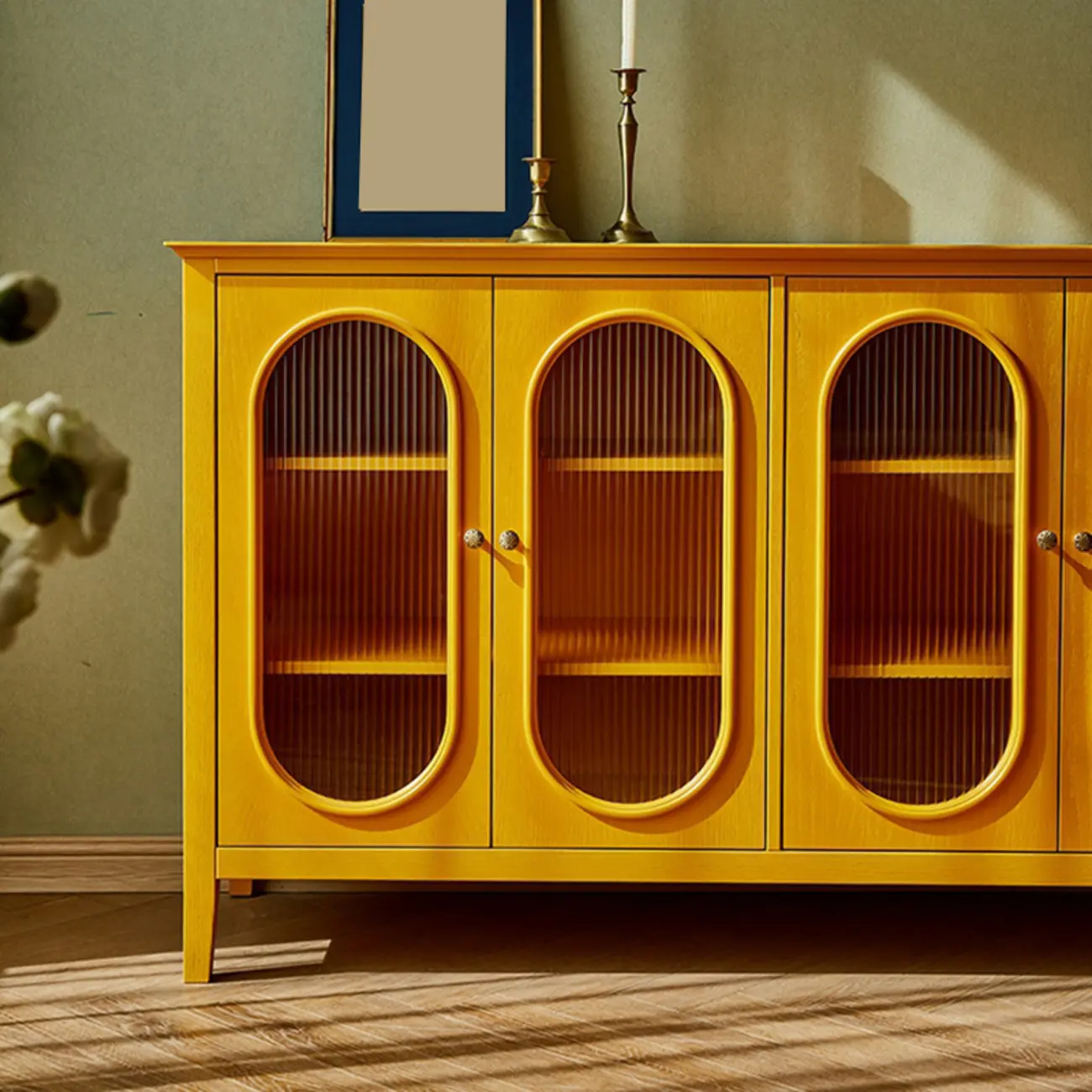 Scandinavian Oak Wooden Oval Fluted Glass Utility Cabinet Image - 12 | homeyfad