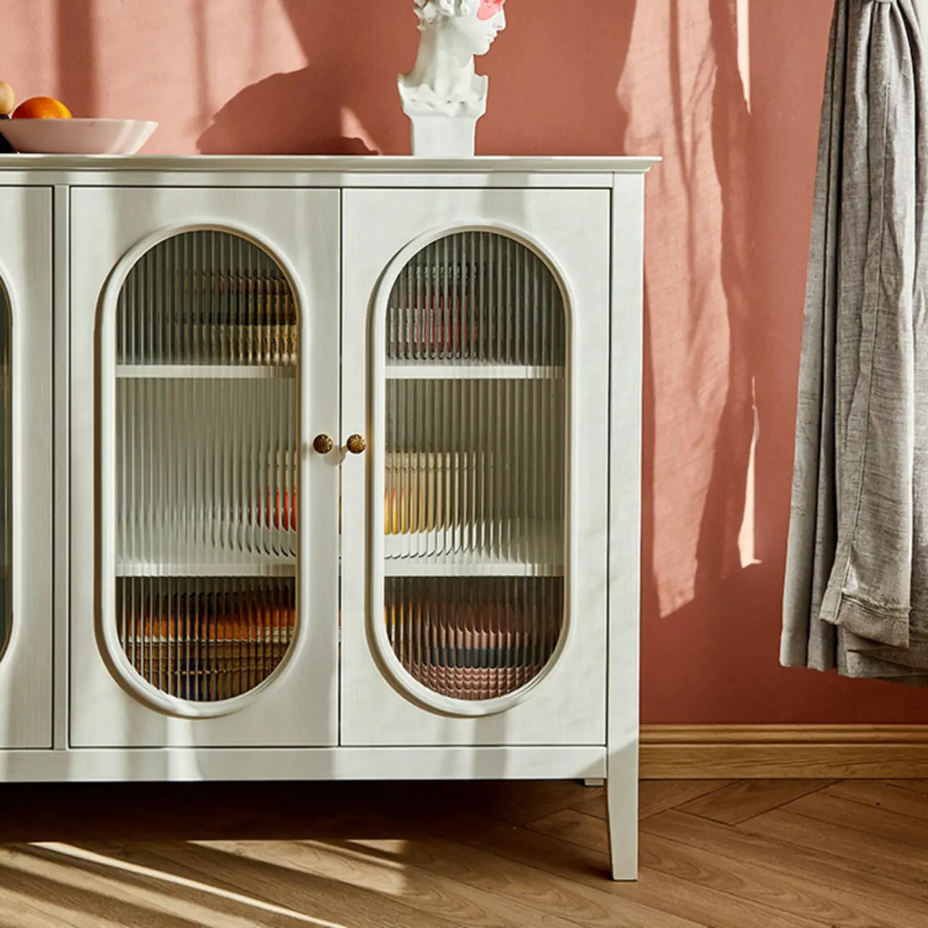 Scandinavian Oak Wooden Oval Fluted Glass Utility Cabinet Image - 14 | homeyfad