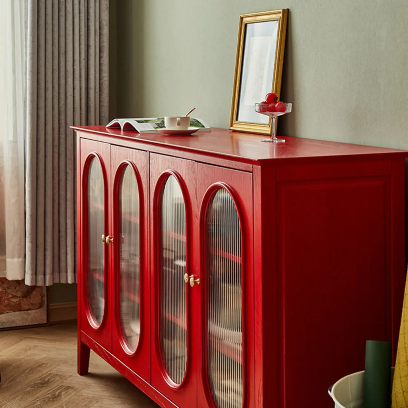 Scandinavian Oak Wooden Oval Fluted Glass Utility Cabinet Image - 15 | homeyfad