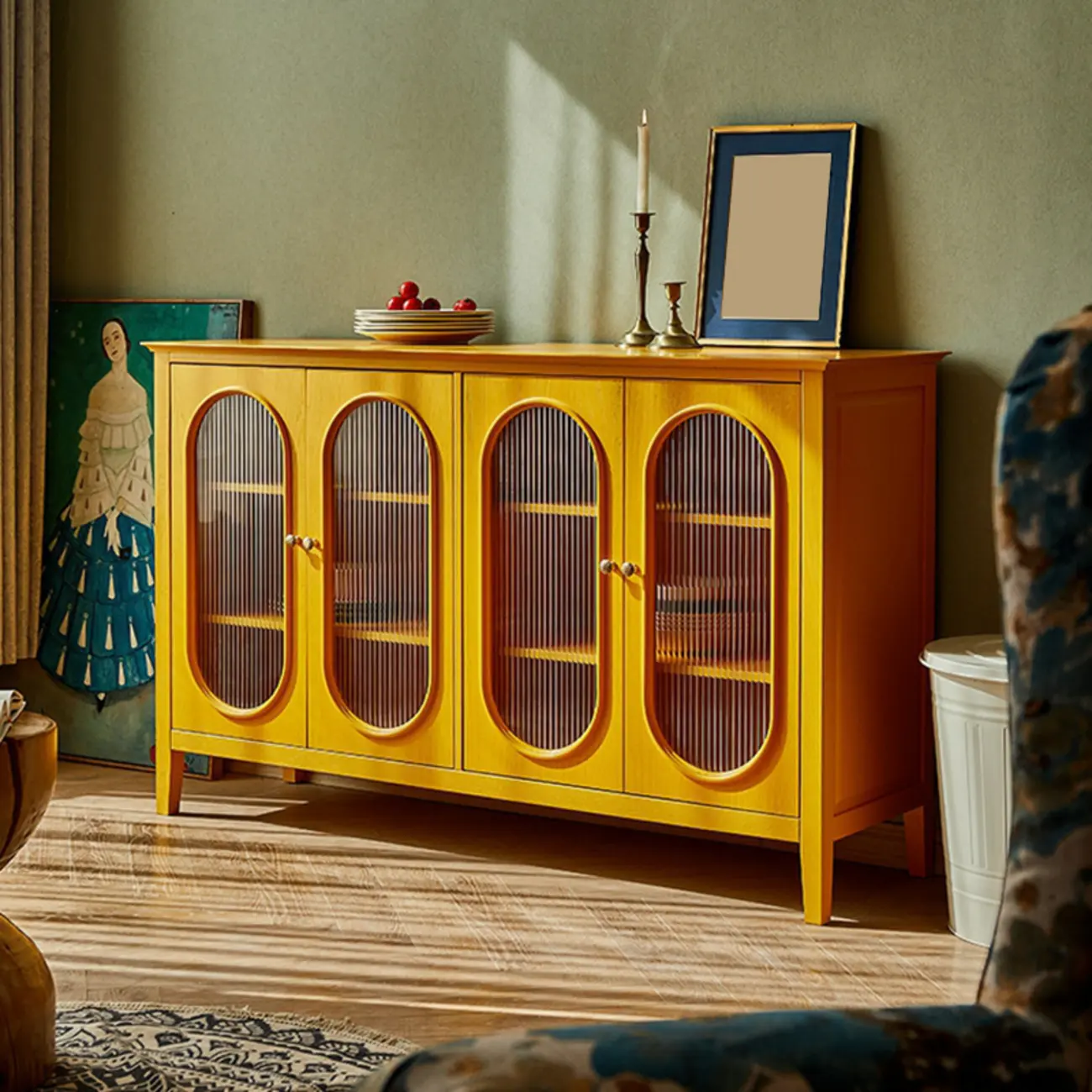 Scandinavian Oak Wooden Oval Fluted Glass Utility Cabinet Image - 16 | homeyfad