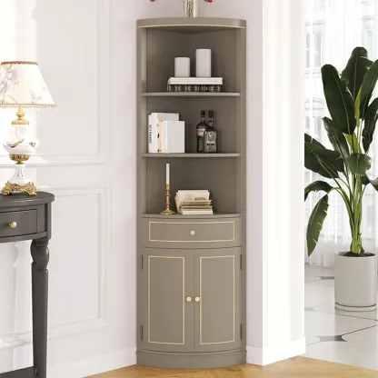 Antique Grey Wooden Gold Accent Corner Cabinet Image - 1