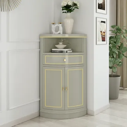 Antique Grey Wooden Gold Accent Corner Cabinet Image - 2