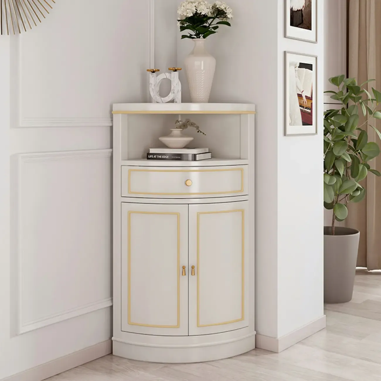 Antique Grey Wooden Gold Accent Corner Cabinet Image - 3