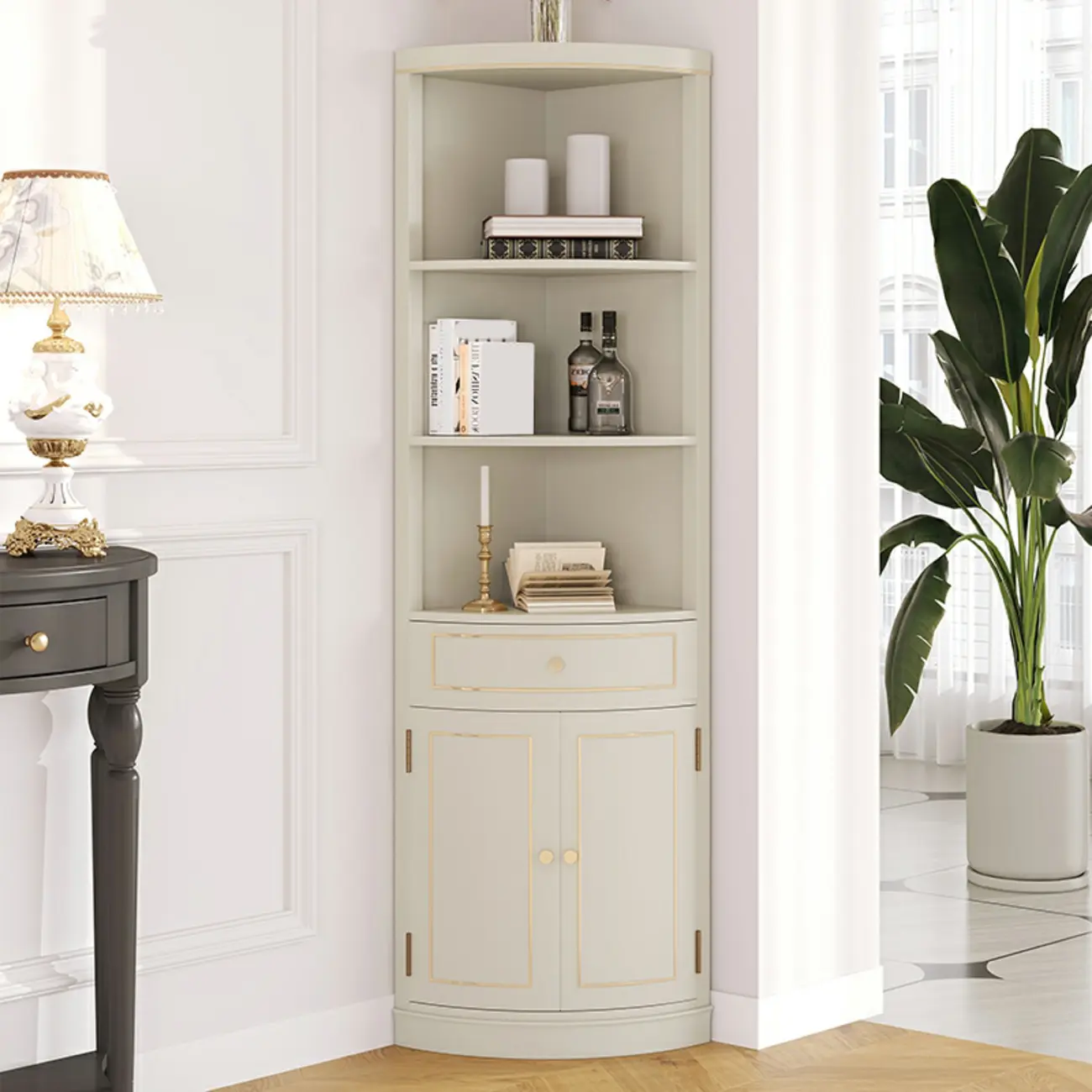 Antique Grey Wooden Gold Accent Corner Cabinet Image - 4 | homeyfad