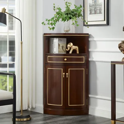Antique Grey Wooden Gold Accent Corner Cabinet Image - 5
