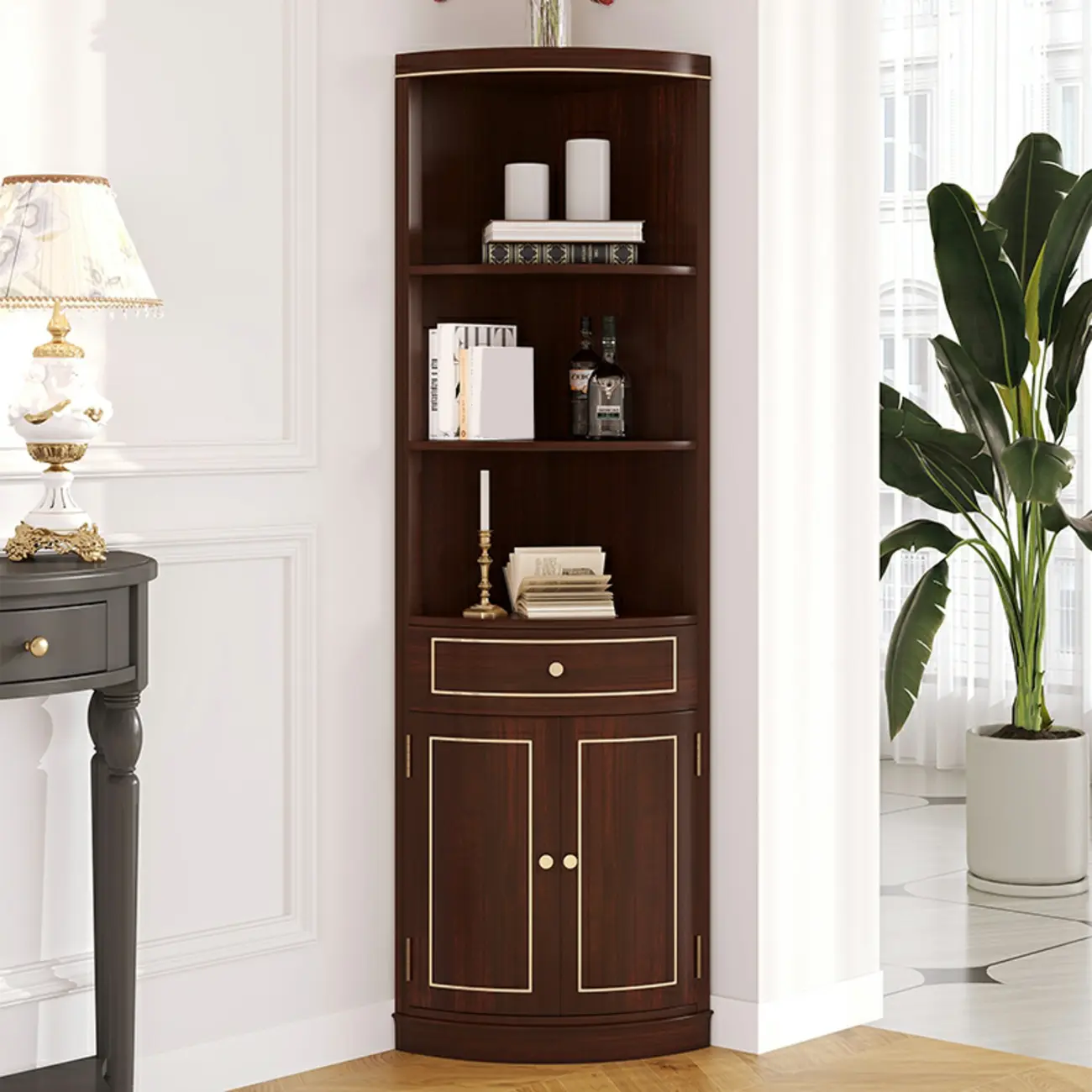 Antique Grey Wooden Gold Accent Corner Cabinet Image - 6 | homeyfad