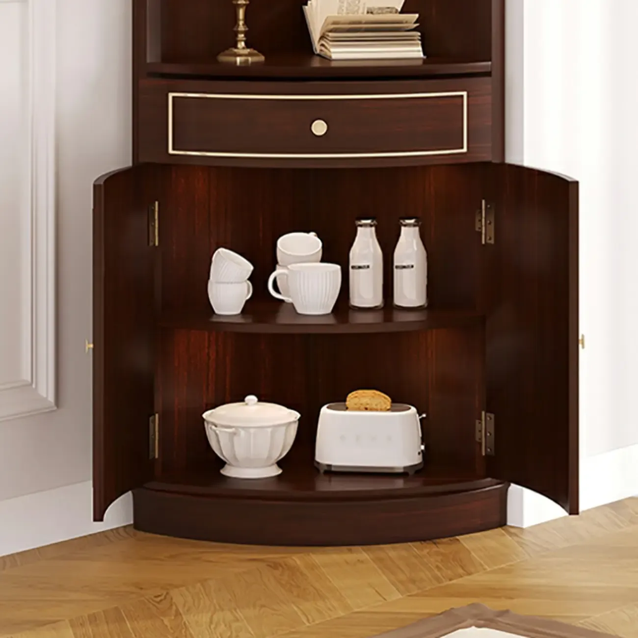 Antique Grey Wooden Gold Accent Corner Cabinet Image - 10