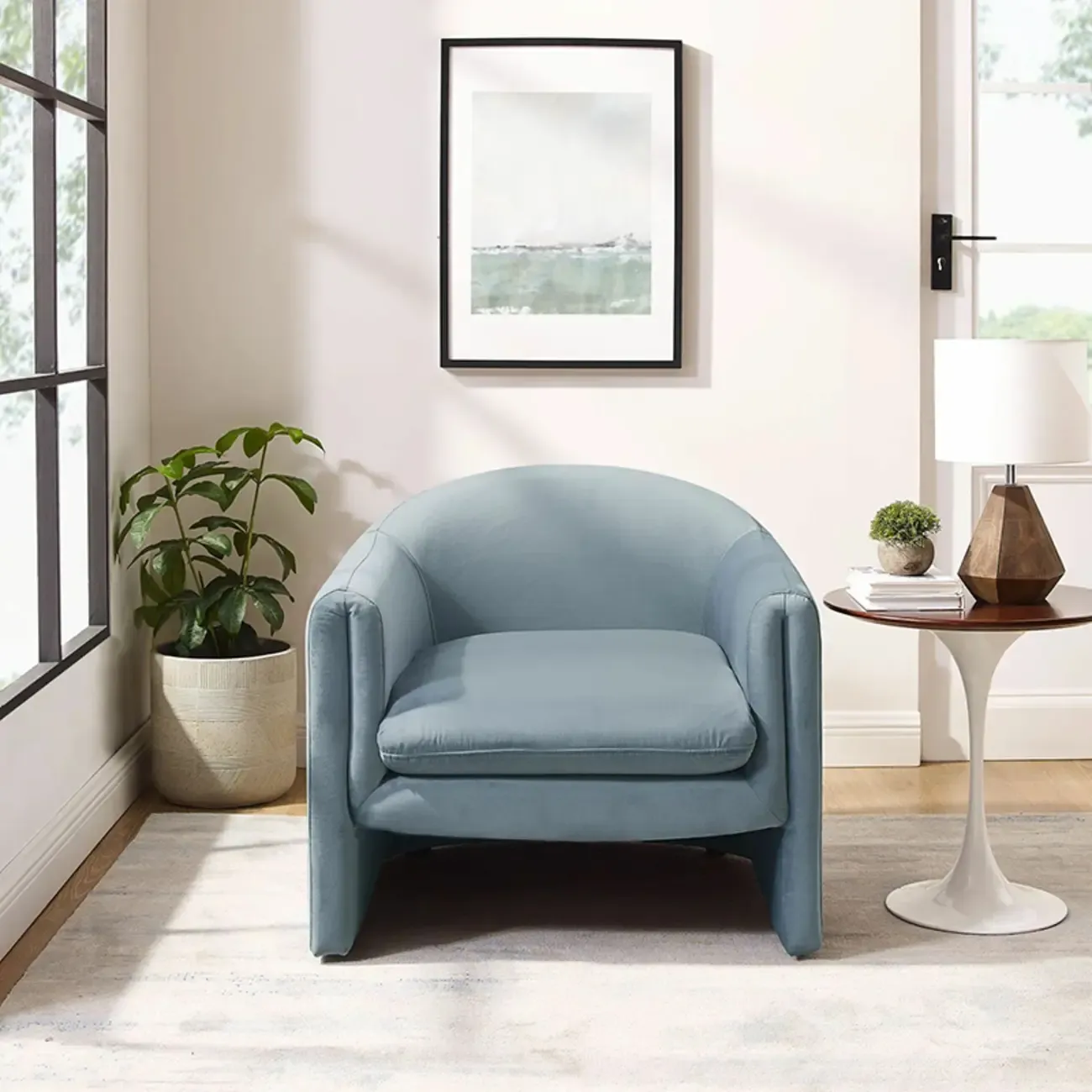 Modern Sky Blue Fabric Accent Chair with Armrests for Home Image - 5
