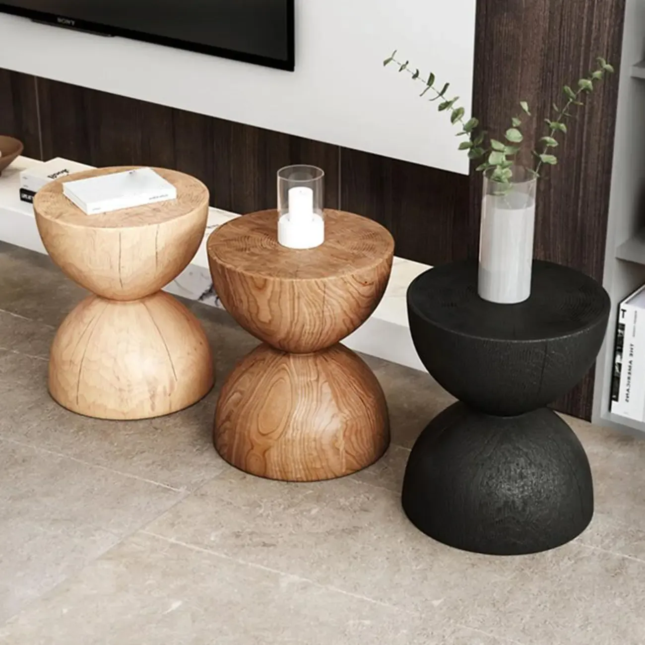 Modern Wooden Drum End Table with Unflip Top for Living Room Image - 1