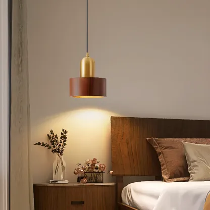 Solid Wood Walnut Cylinder Cord Pendant Light Image - 1