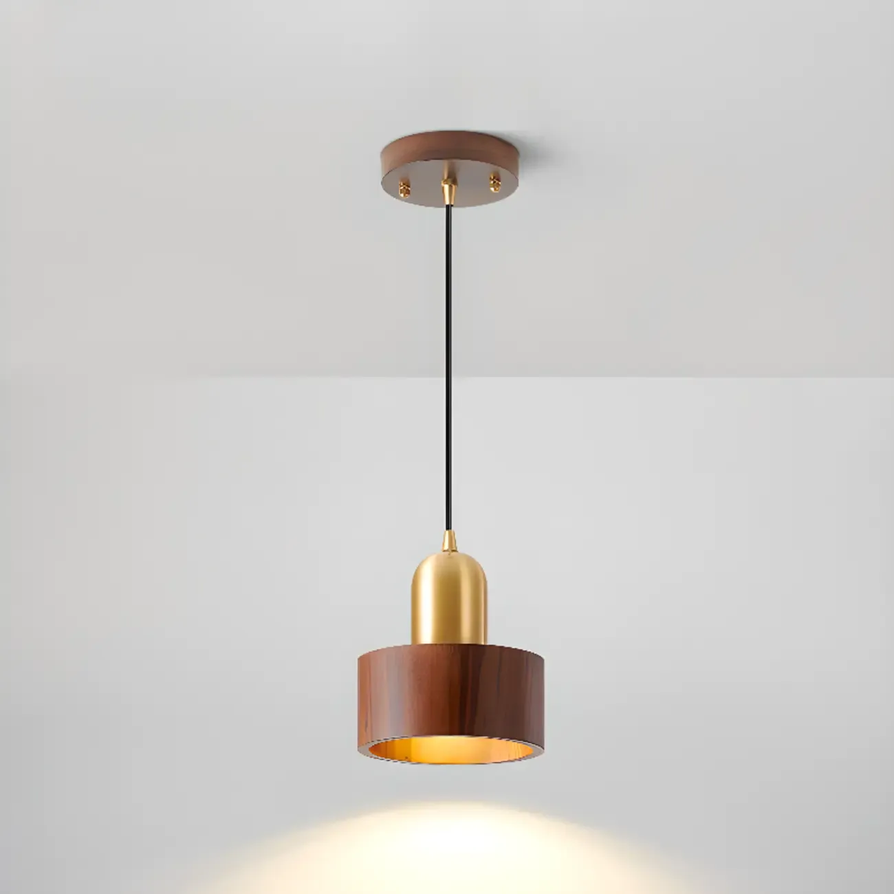 Solid Wood Walnut Cylinder Cord Pendant Light Image - 4