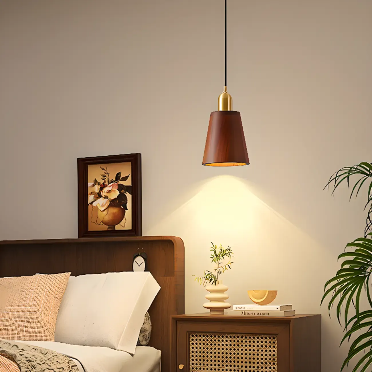 Solid Wood Walnut Cylinder Cord Pendant Light Image - 6