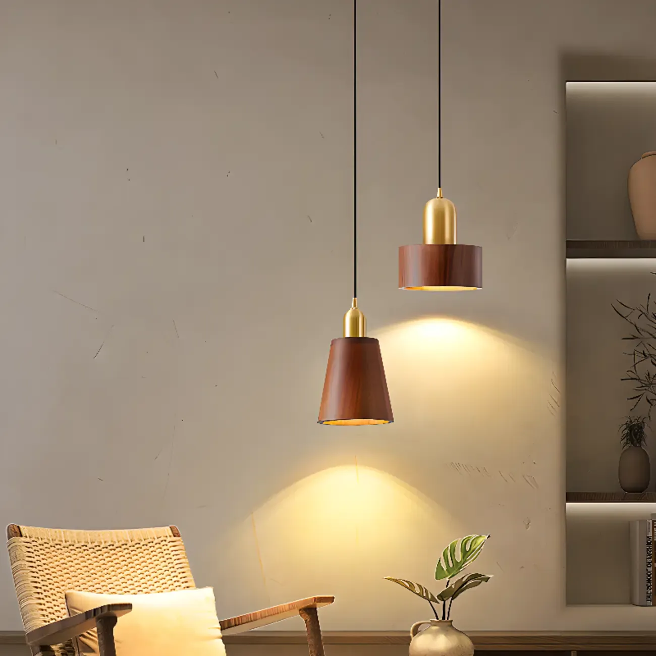 Solid Wood Walnut Cylinder Cord Pendant Light Image - 7
