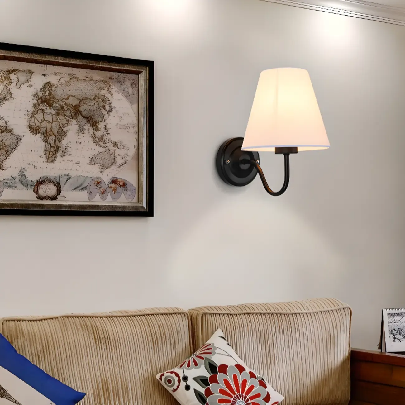 Modern Indoor Fabric Wall Light with Black Metal Accent Image - 1