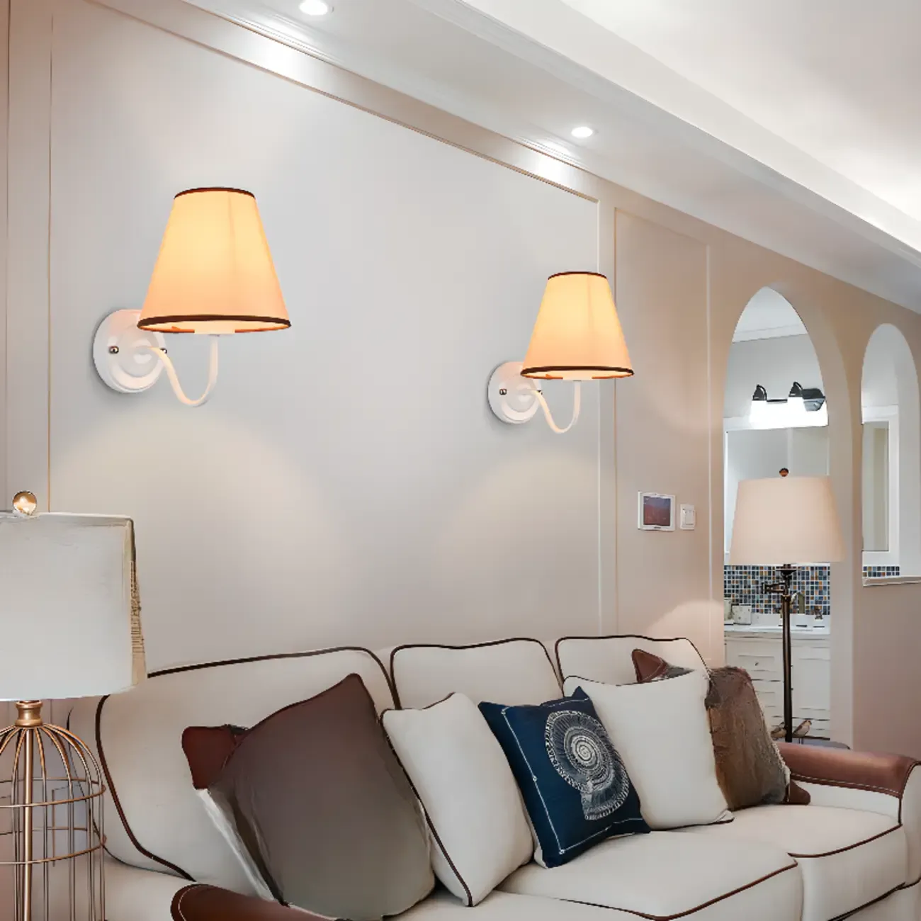 Modern Indoor Fabric Wall Light with Black Metal Accent Image - 3