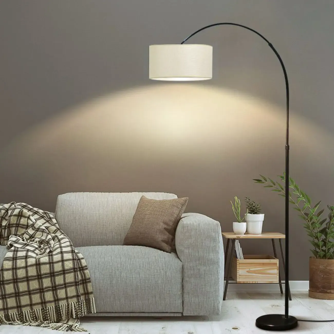 Modern Adjustable Arc Floor Lamp with Fabric Shade Image - 1