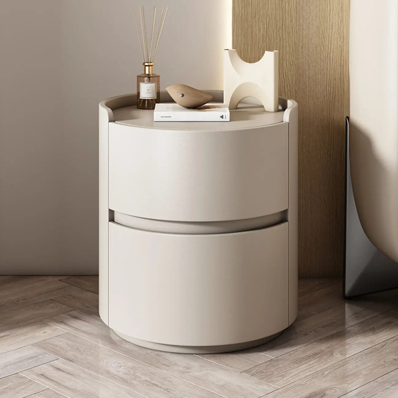 Modern Leather Tray Round 2-Drawer Nightstand Image - 2 | homeyfad