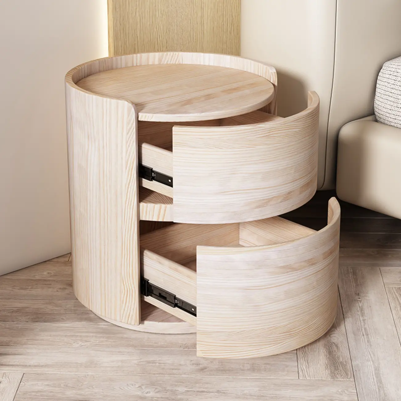 Modern Leather Tray Round 2-Drawer Nightstand Image - 3 | homeyfad