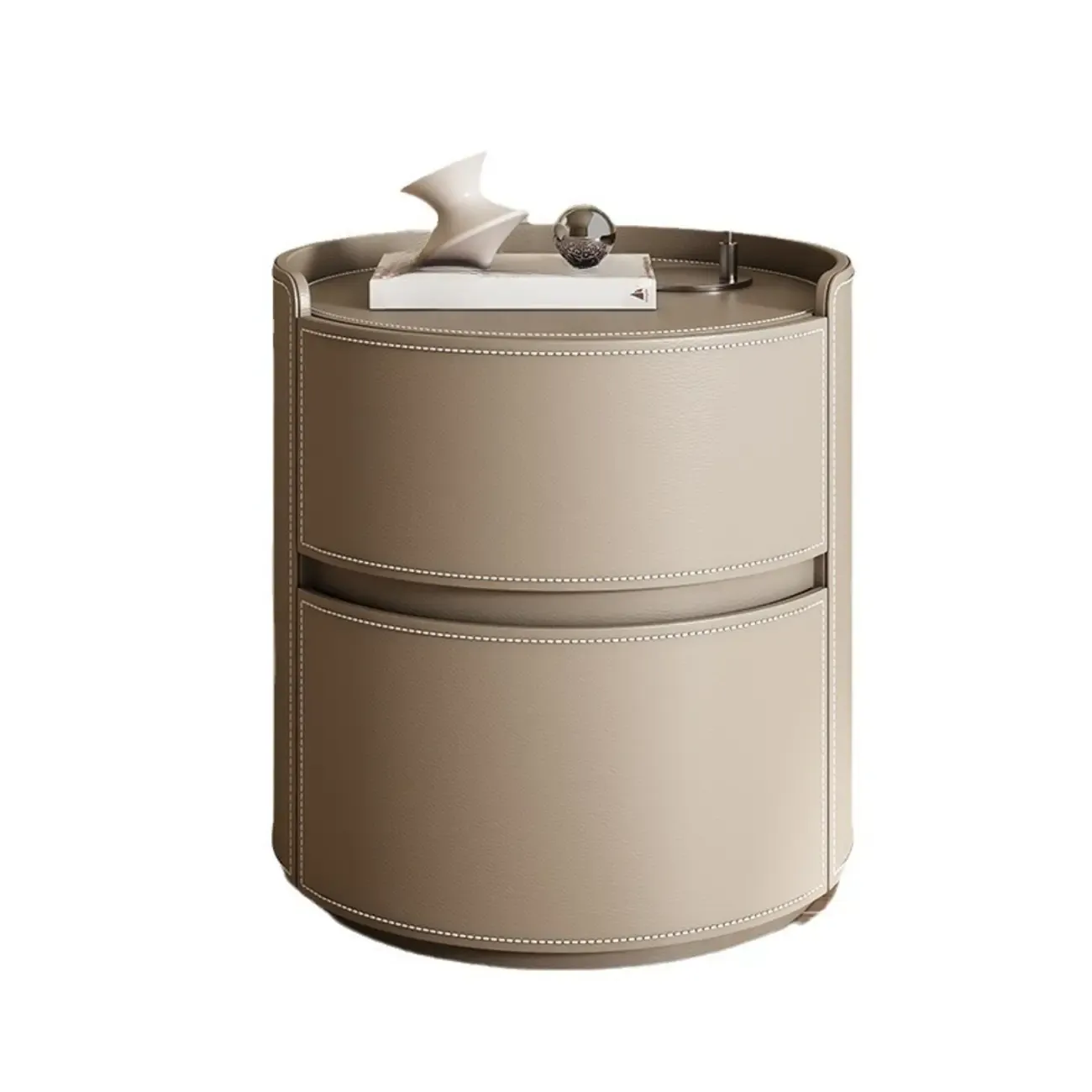 Modern Leather Tray Round 2-Drawer Nightstand Image - 4