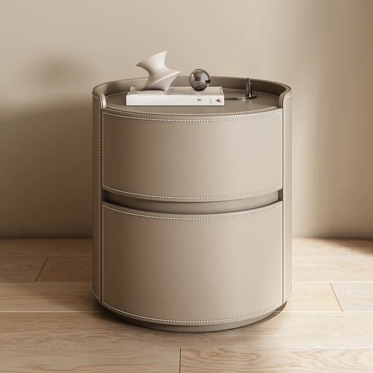 Modern Leather Tray Round 2-Drawer Nightstand Image - 6