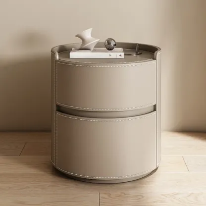 Modern Leather Tray Round 2-Drawer Nightstand Image - 6