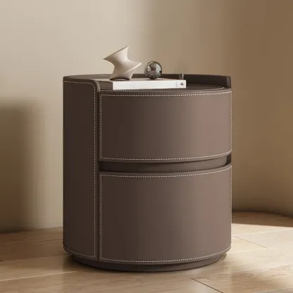 Modern Leather Tray Round 2-Drawer Nightstand Image - 7