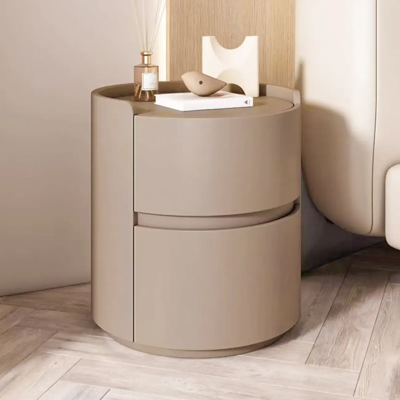 Modern Leather Tray Round 2-Drawer Nightstand Image - 8