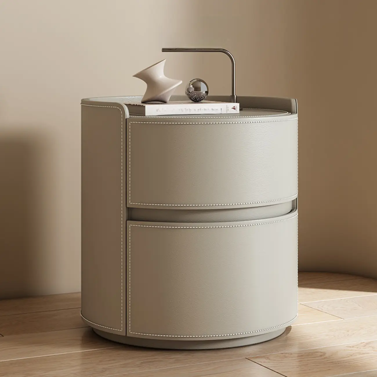 Modern Leather Tray Round 2-Drawer Nightstand Image - 1 | homeyfad