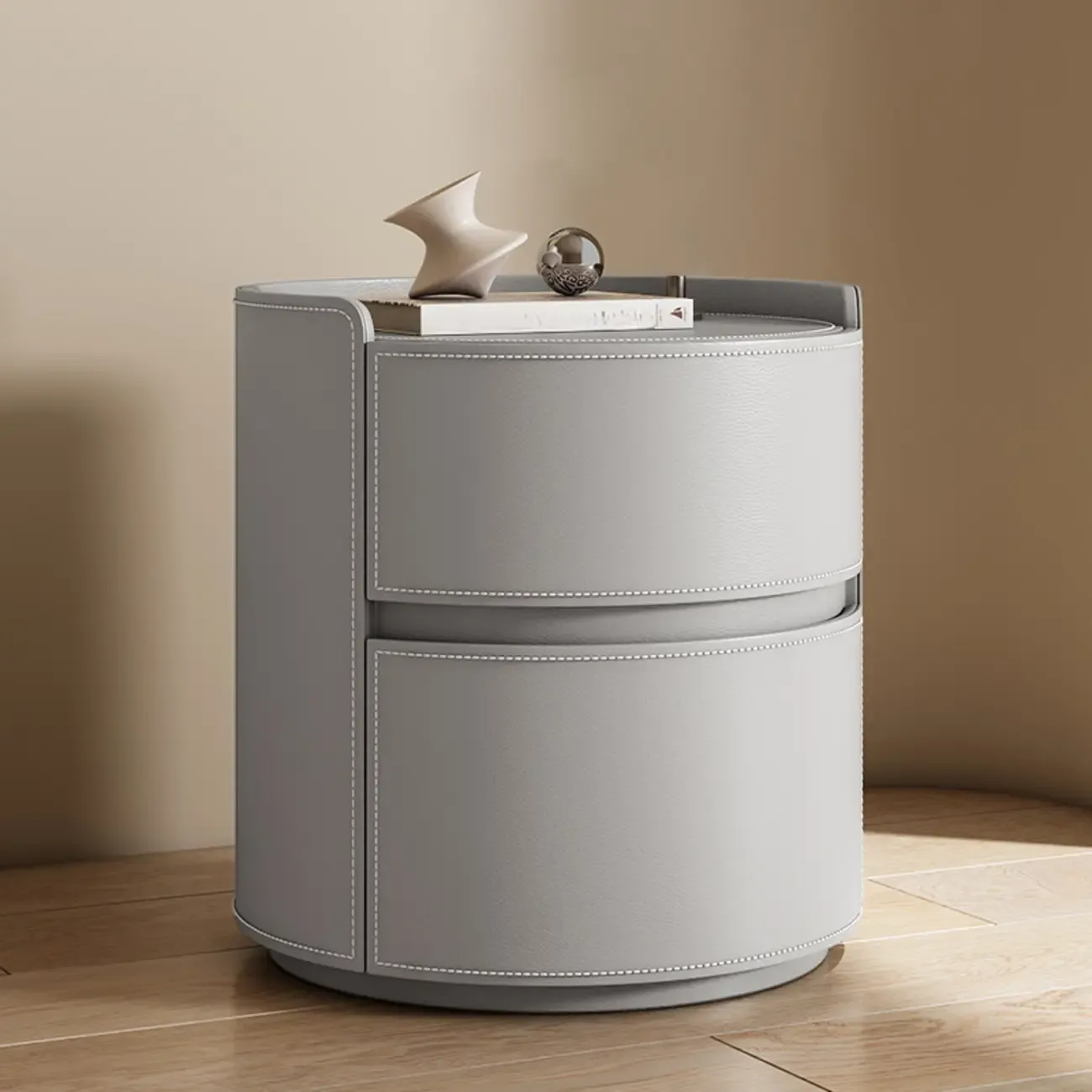 Modern Leather Tray Round 2-Drawer Nightstand Image - 9