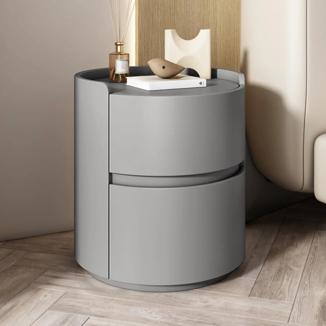 Modern Leather Tray Round 2-Drawer Nightstand Image - 10 | homeyfad