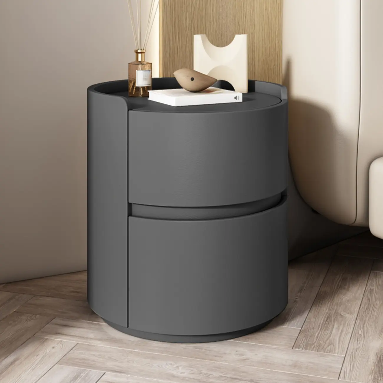 Modern Leather Tray Round 2-Drawer Nightstand Image - 12 | homeyfad