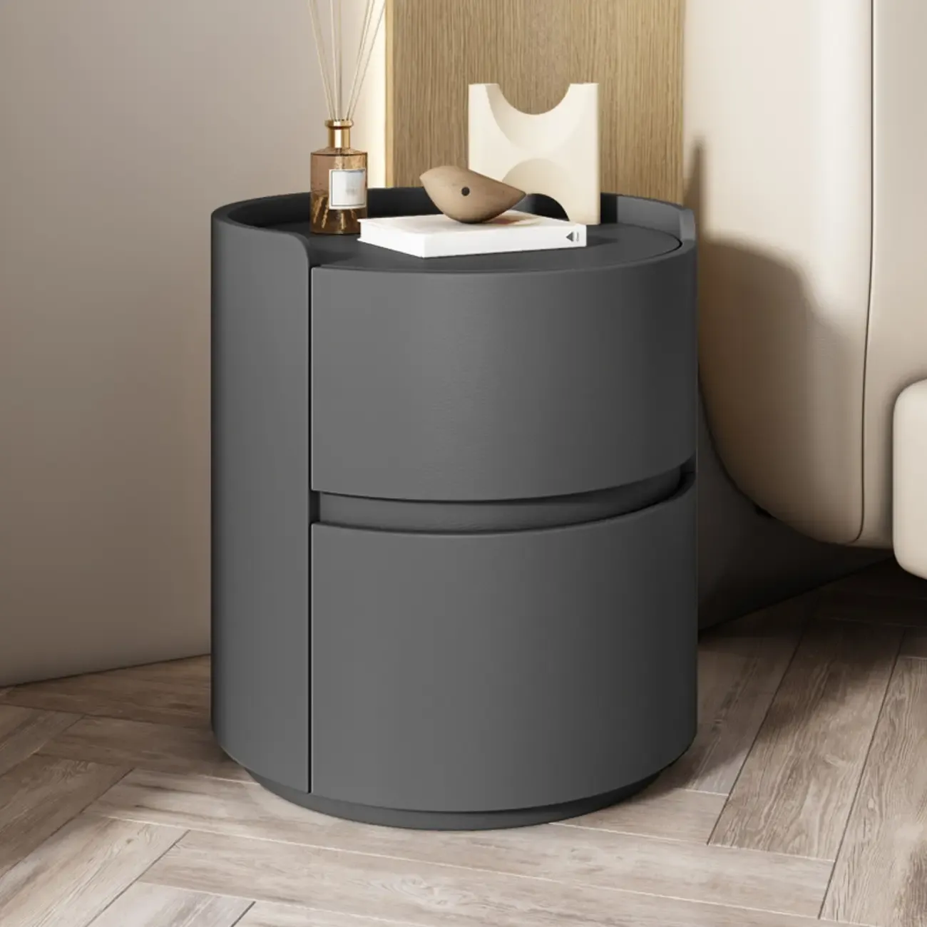 Modern Leather Tray Round 2-Drawer Nightstand Image - 12