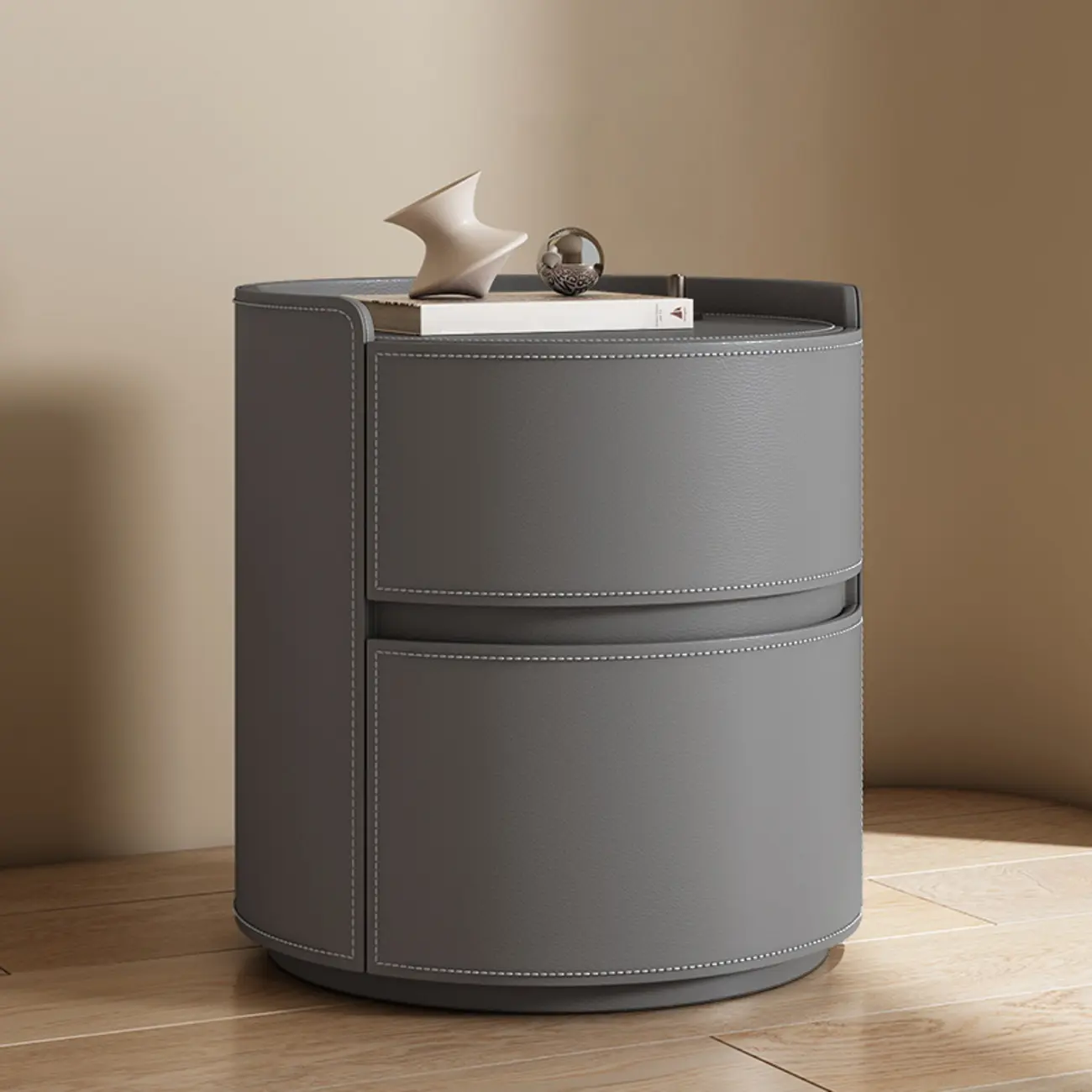 Modern Leather Tray Round 2-Drawer Nightstand Image - 15 | homeyfad