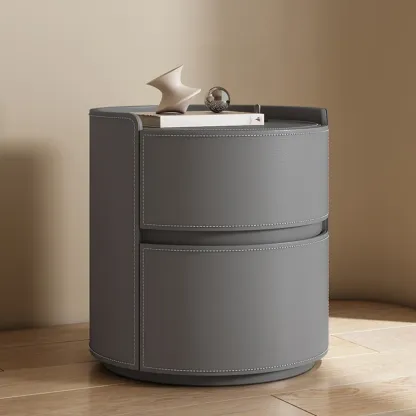 Modern Leather Tray Round 2-Drawer Nightstand Image - 15