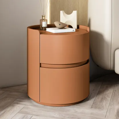 Modern Leather Tray Round 2-Drawer Nightstand Image - 16