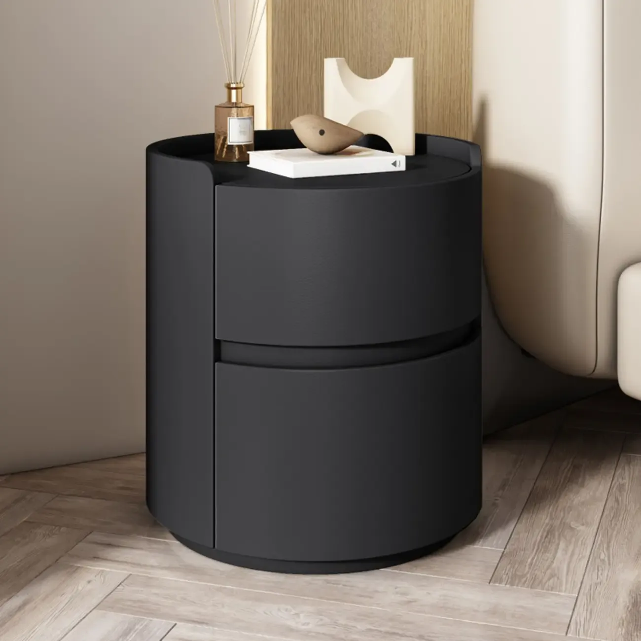 Modern Leather Tray Round 2-Drawer Nightstand Image - 17
