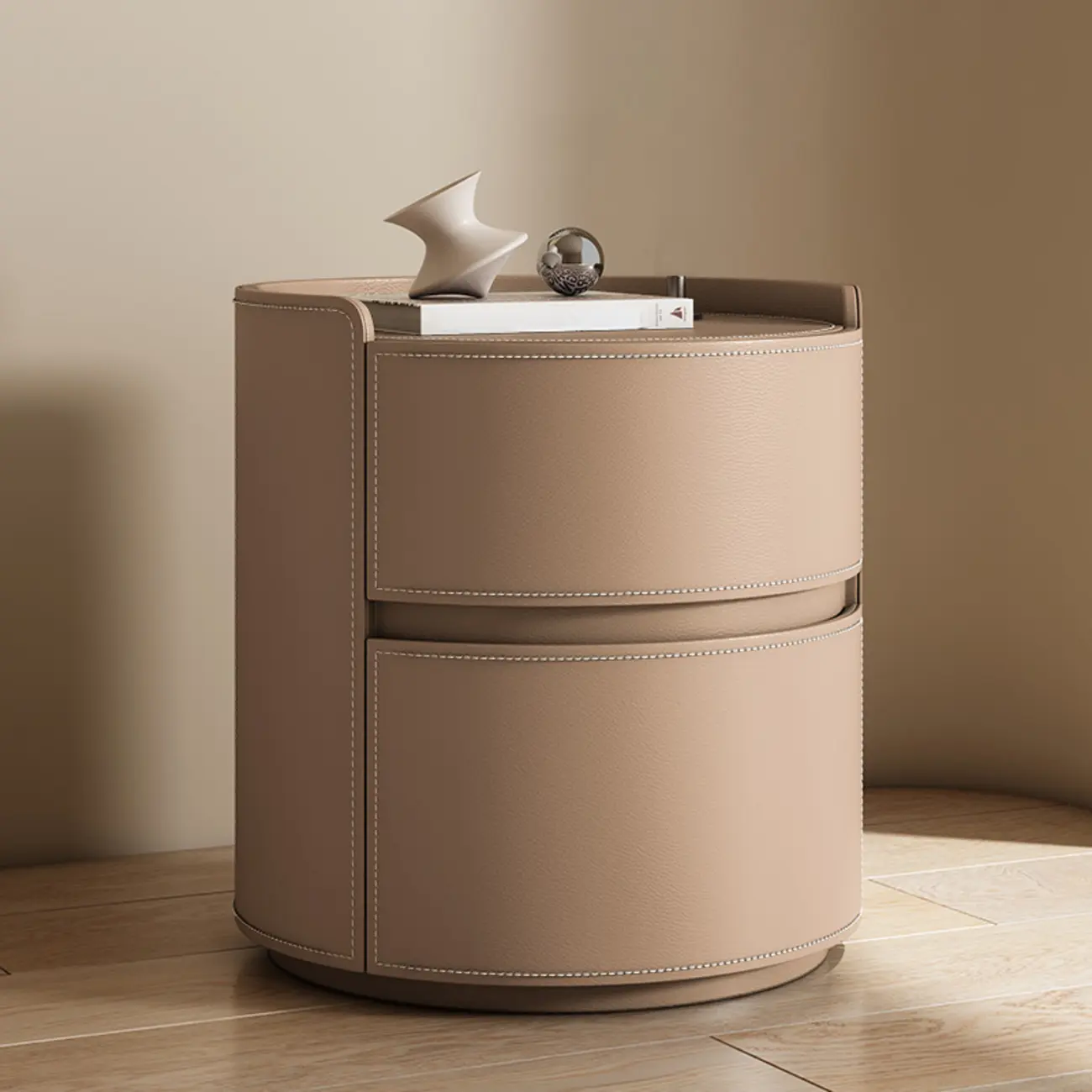Modern Leather Tray Round 2-Drawer Nightstand Image - 19 | homeyfad