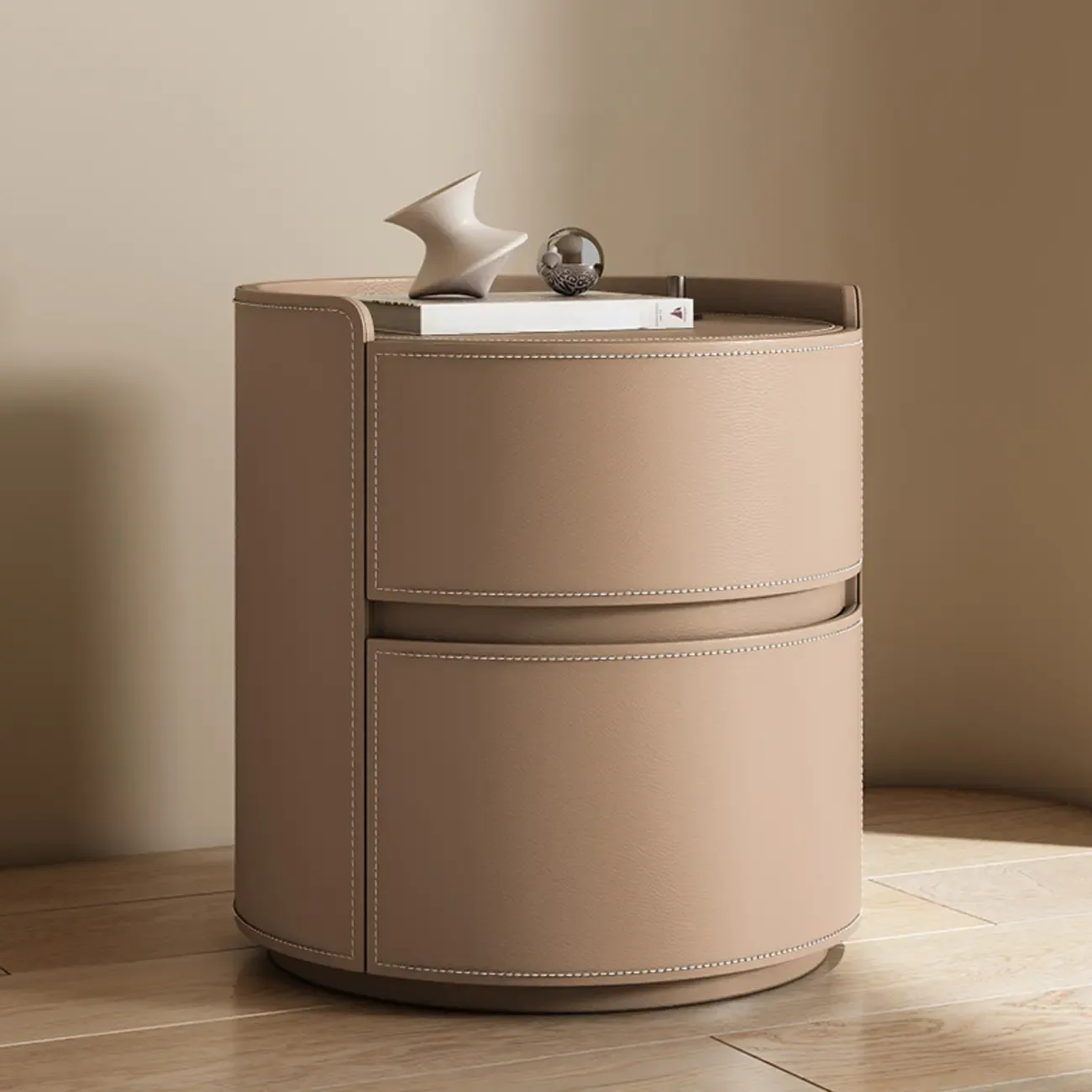 Modern Leather Tray Round 2-Drawer Nightstand Image - 19