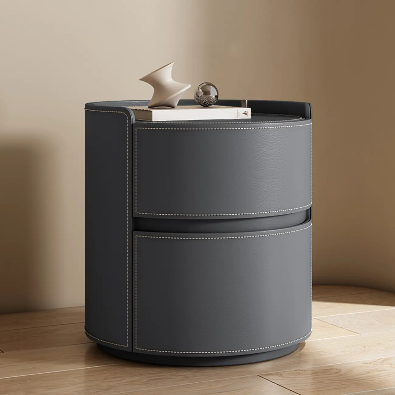 Modern Leather Tray Round 2-Drawer Nightstand Image - 20 | homeyfad