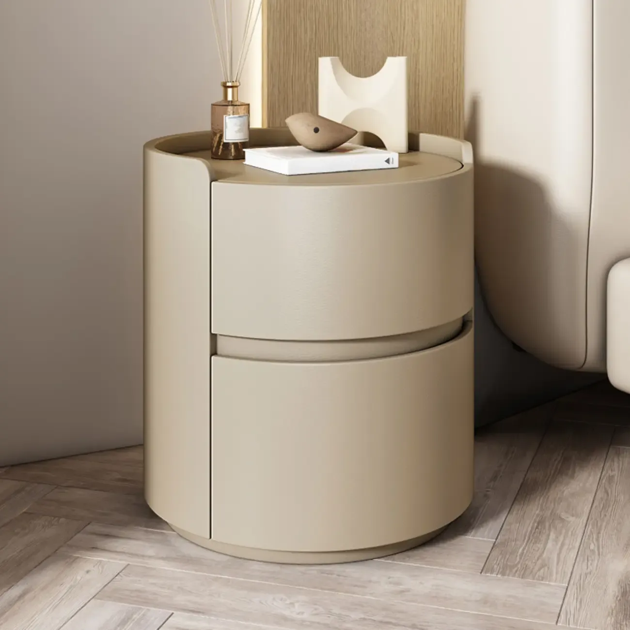 Modern Leather Tray Round 2-Drawer Nightstand Image - 21