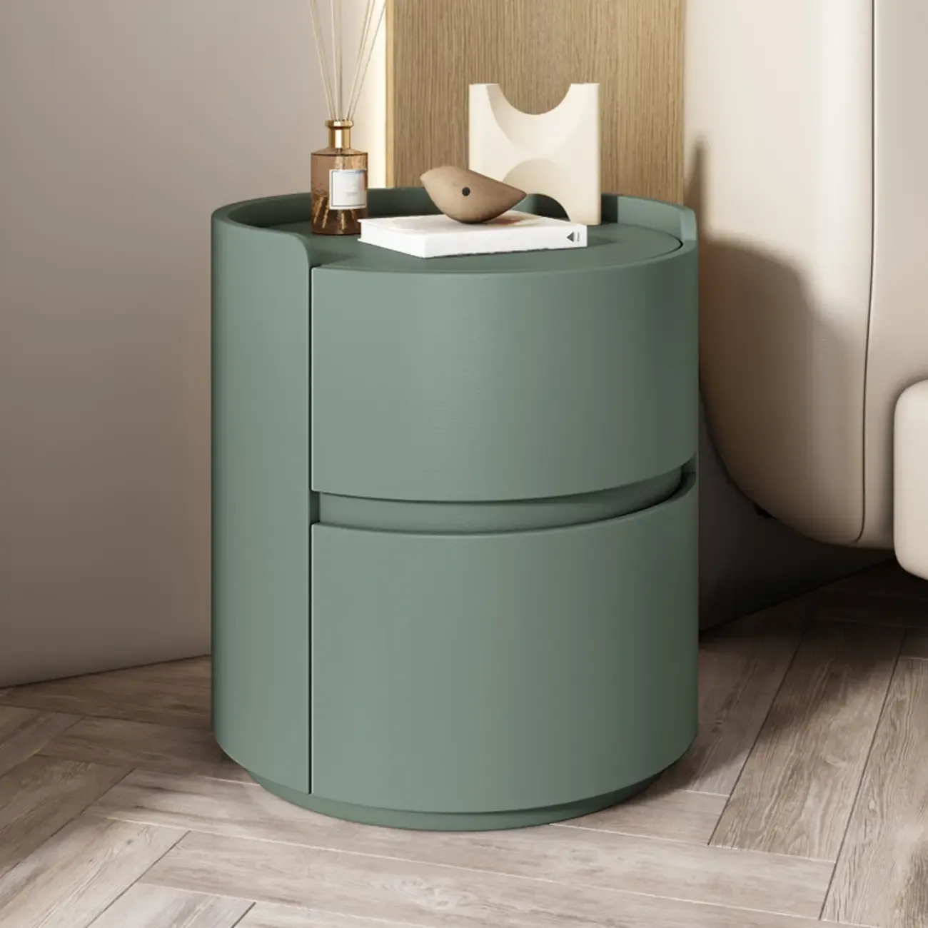 Modern Leather Tray Round 2-Drawer Nightstand Image - 22