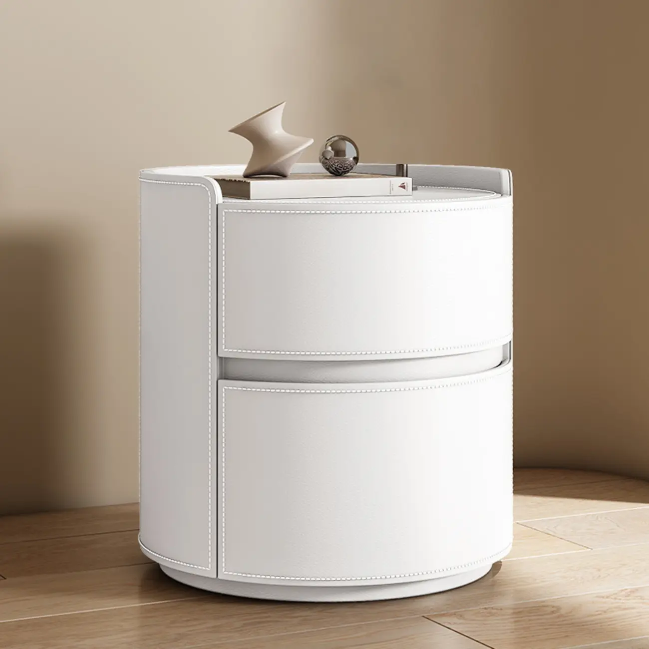 Modern Leather Tray Round 2-Drawer Nightstand Image - 23 | homeyfad