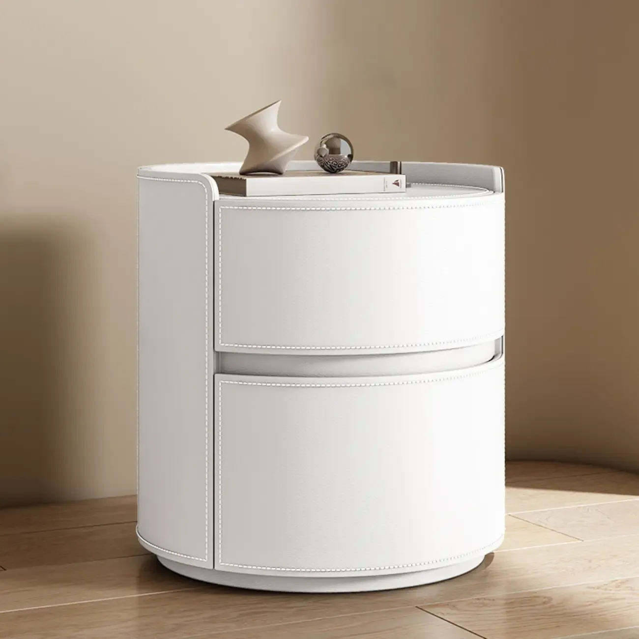 Modern Leather Tray Round 2-Drawer Nightstand Image - 23