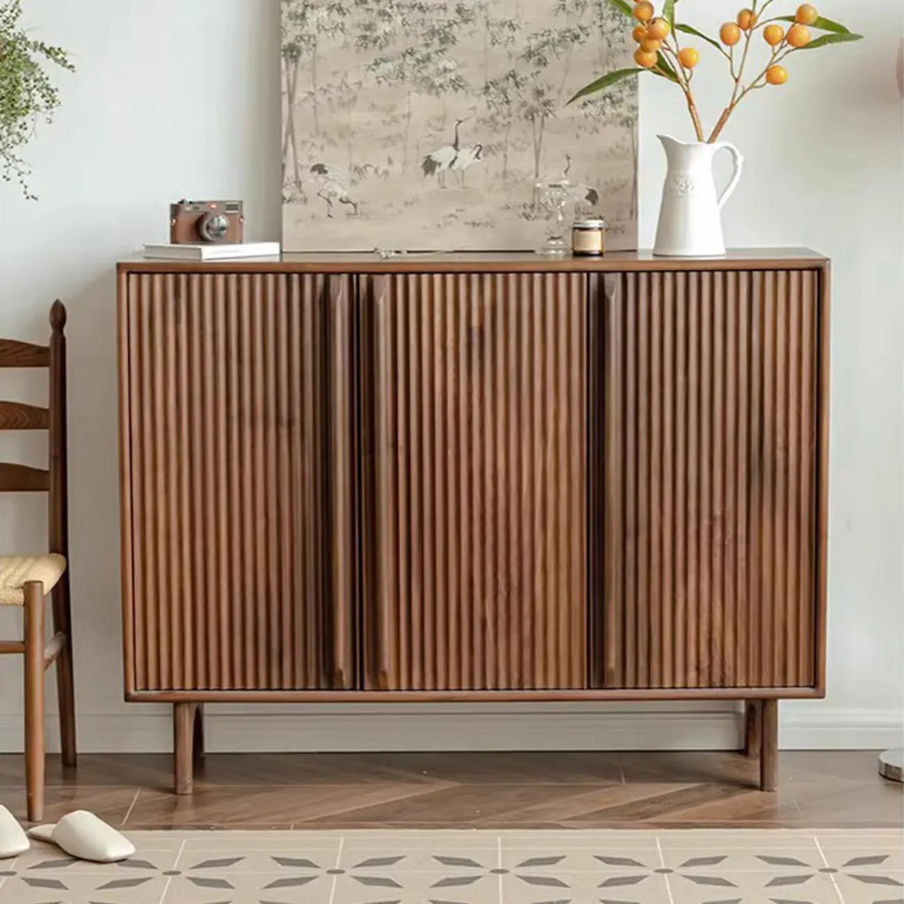 Scandinavia Dark Walnut Wooden Striped Storage Cabinet Image - 1 | homeyfad