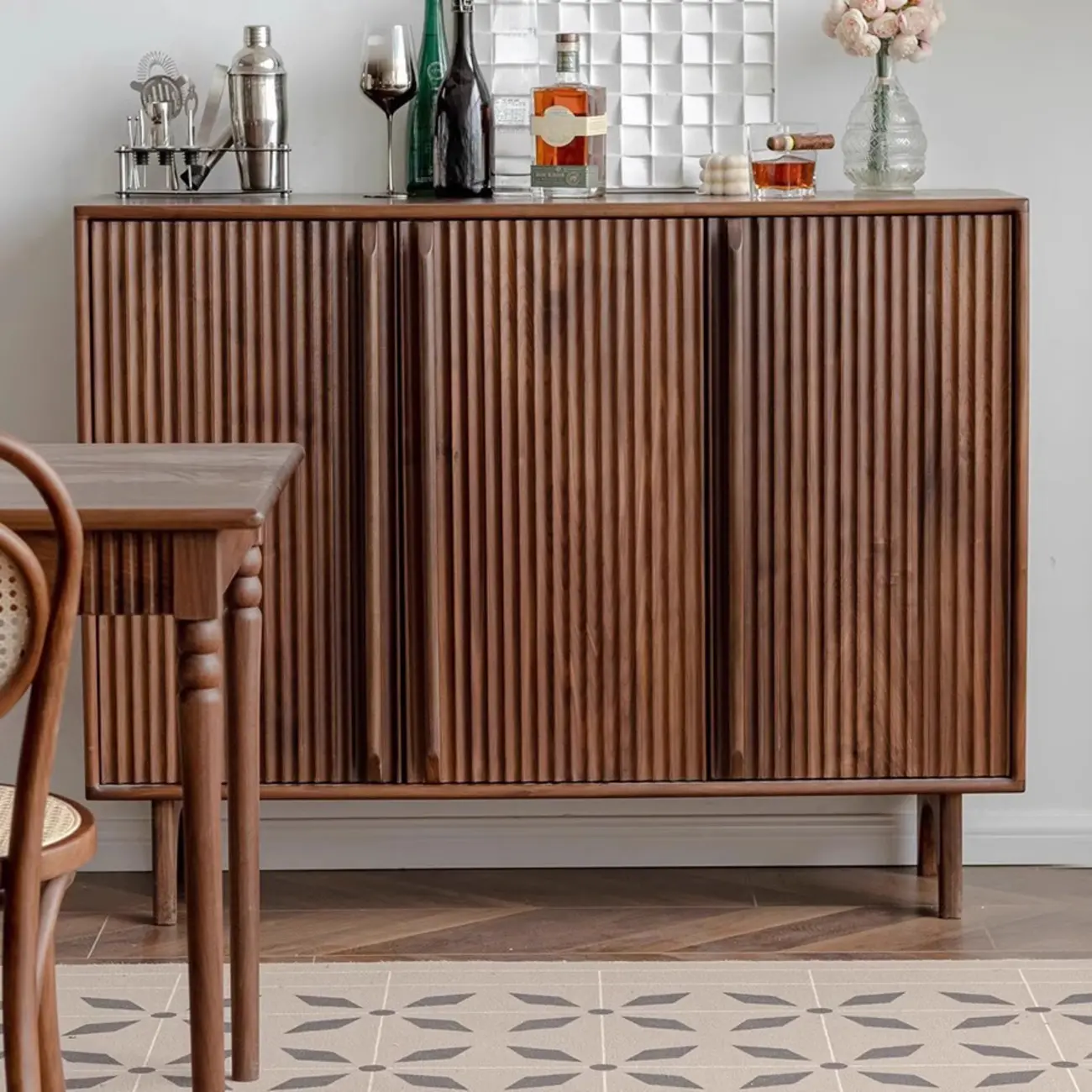 Scandinavia Dark Walnut Wooden Striped Storage Cabinet Image - 4 | homeyfad