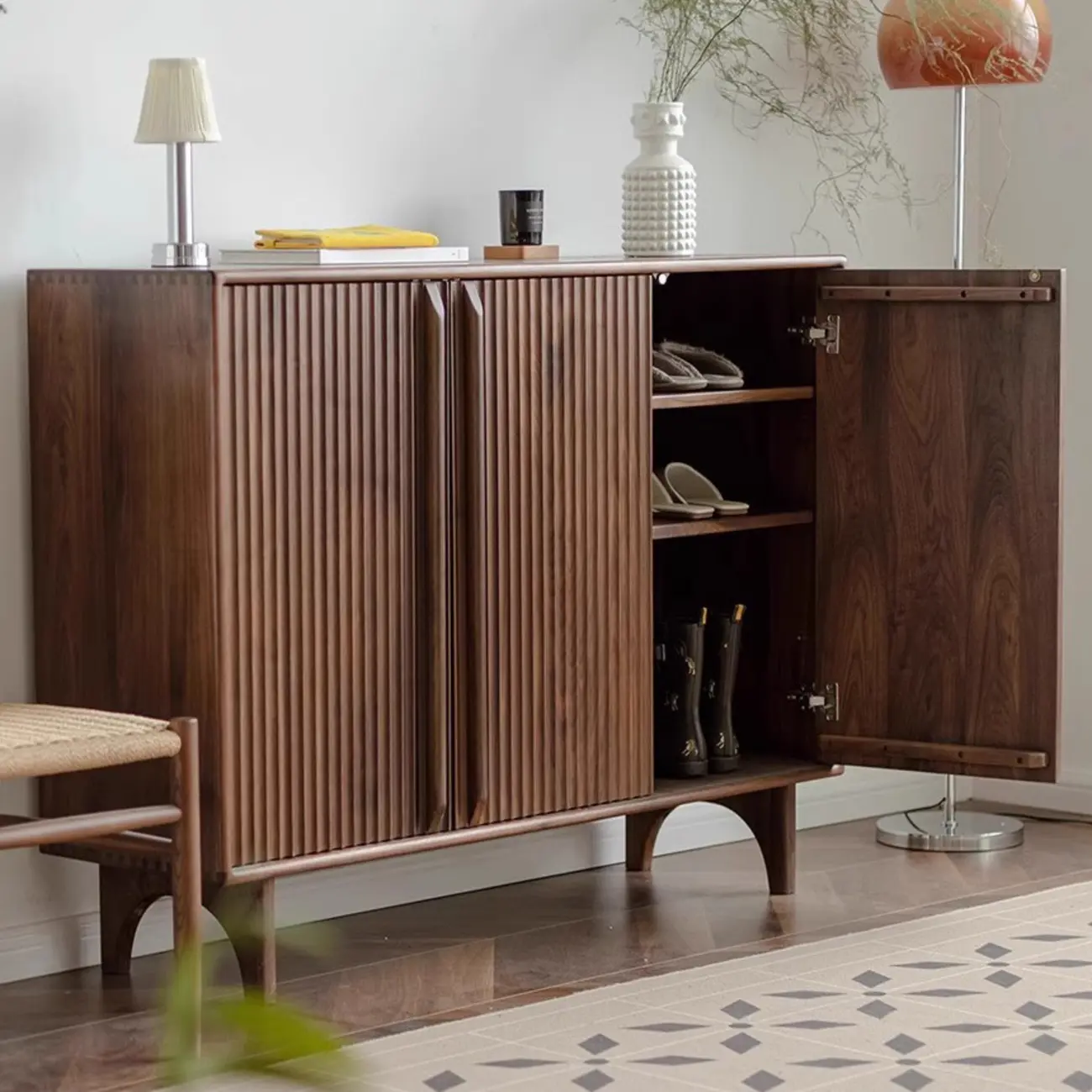 Scandinavia Dark Walnut Wooden Striped Storage Cabinet Image - 3 | homeyfad