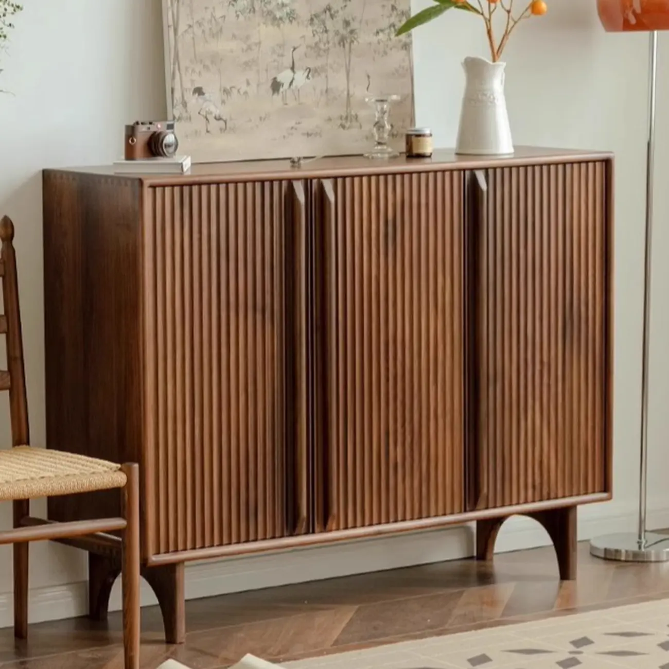 Scandinavia Dark Walnut Wooden Striped Storage Cabinet Image - 2 | homeyfad