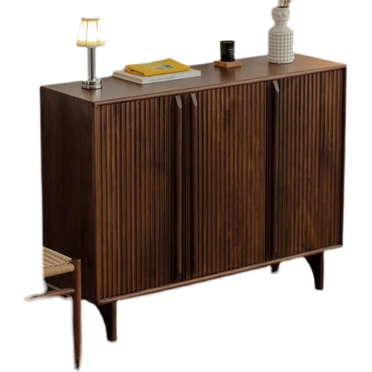 Scandinavia Dark Walnut Wooden Striped Storage Cabinet Image - 5 | homeyfad