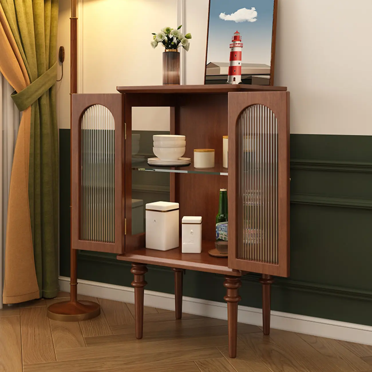 Traditional Black Wood Fluted & Clear Glass Storage Cabinet Image - 4 | homeyfad